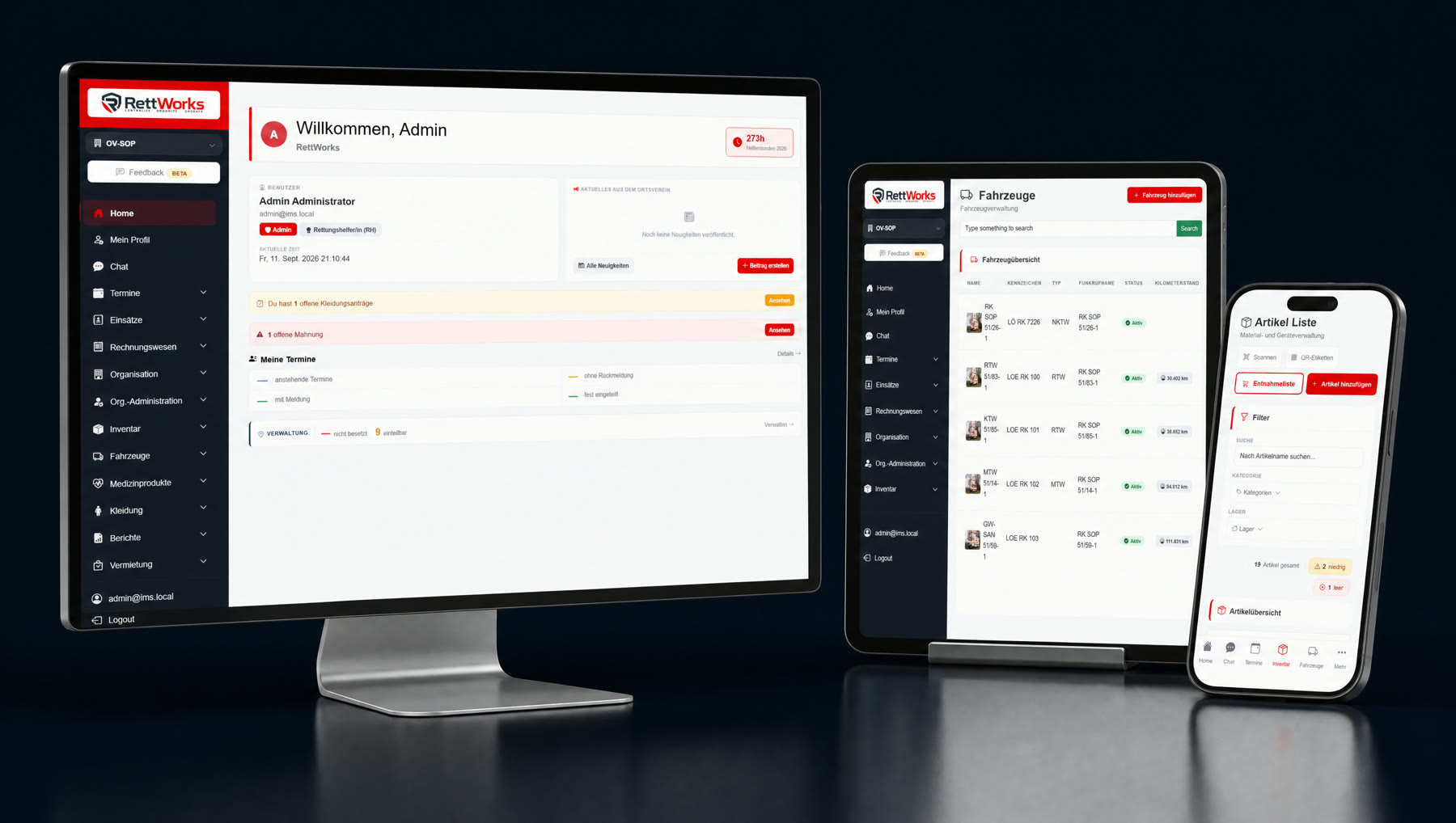 PC-Monitor mit Dashboard, Tablet mit Fahrzeugübersicht und Smartphone mit Artikelliste — RettWorks auf allen Geräten